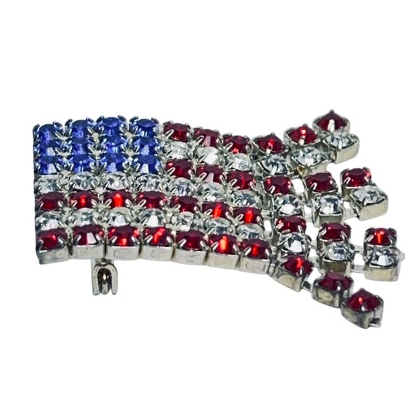 Silver Tone With Red, Clear And Blue Rhinestones Articulating Flag Brooch (5588) - Picture 4 of 5